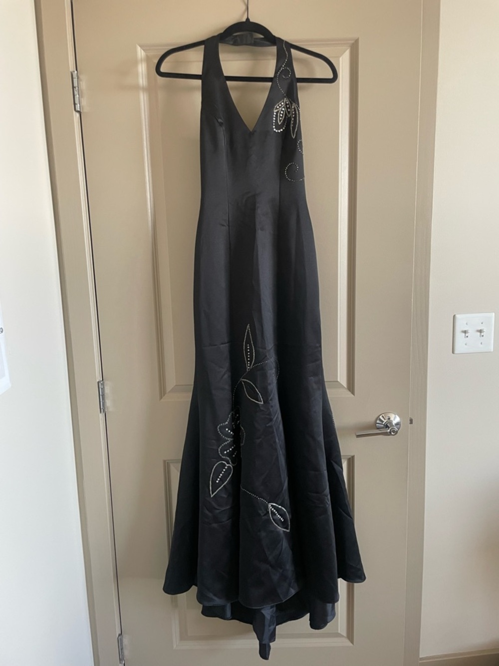 Vintage Morgan & Co. Black Halter Maxi Dress with Beaded Leaf Accents
